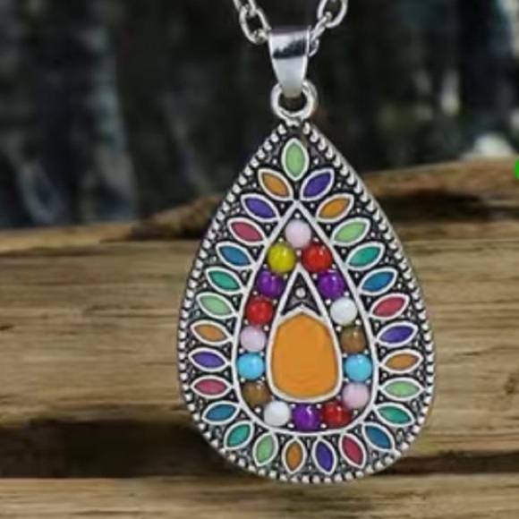 Boho Teardrop Necklace Multicolored Pendant Beaded Silver Native American - Picture 6 of 10